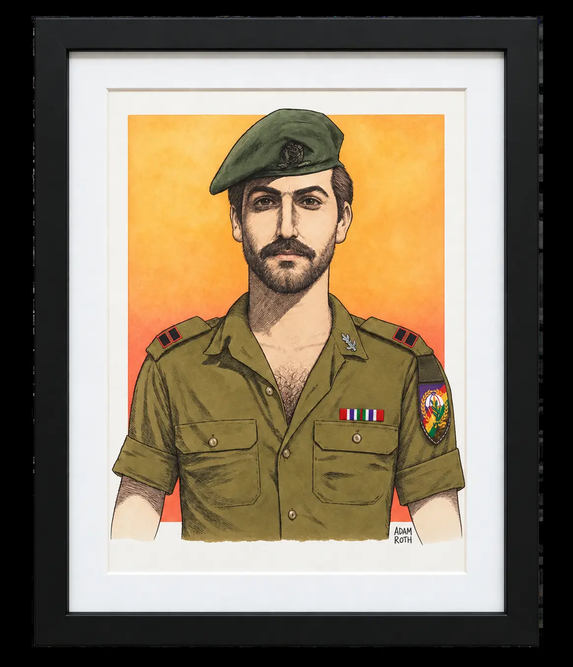 Portrait of Sheli Teitelbaum in uniform, with the hanging shoulder patch and its white parachute visible