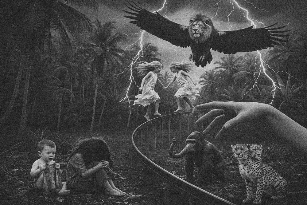 A dreamlike landscape with children, animals and a winged lion beneath lightning — illustration by Avi Katz