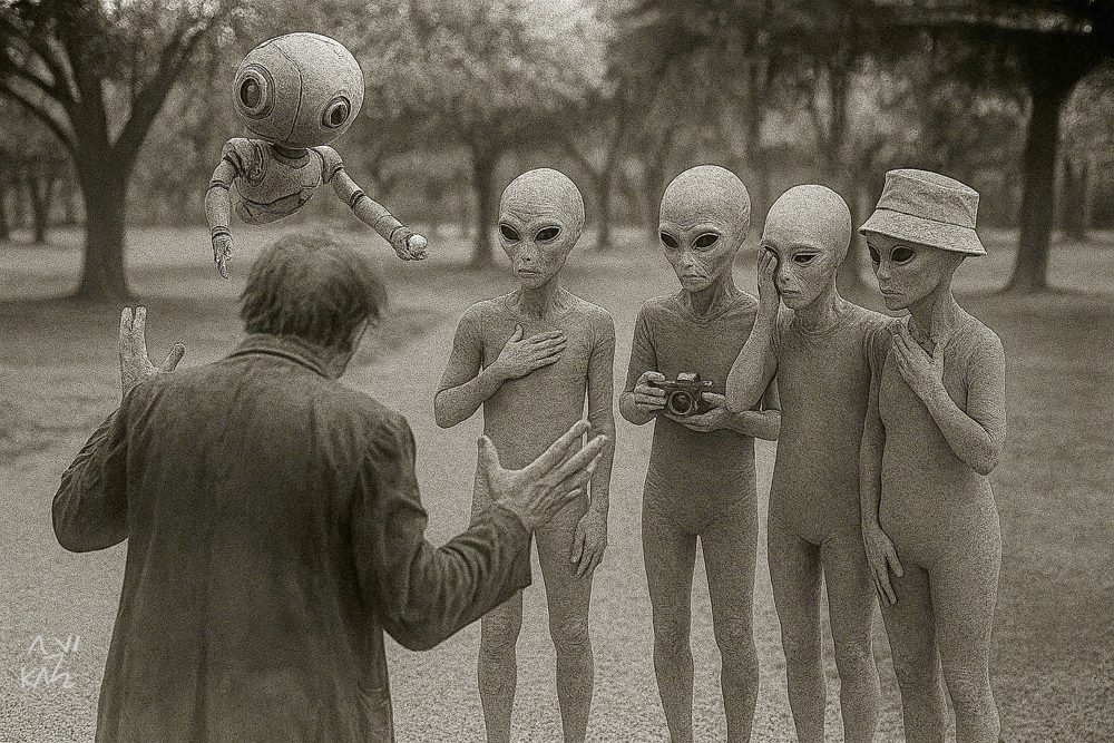 A guide addressing alien visitors with a camera and a hovering robot — illustration by Avi Katz