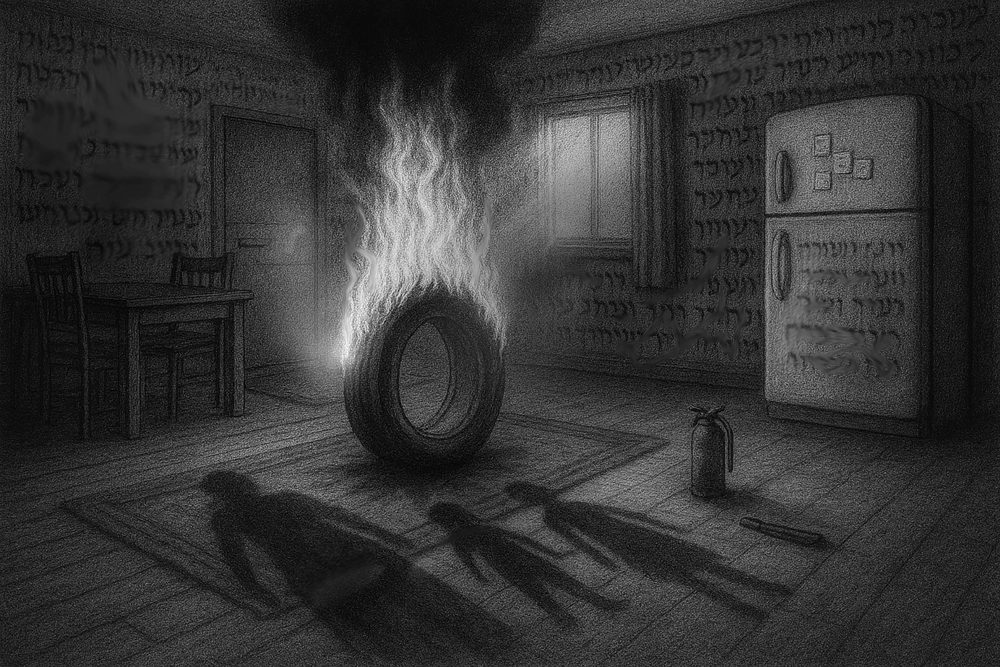 A burning tyre inside a shadowy kitchen covered with Hebrew writing — illustration by Avi Katz