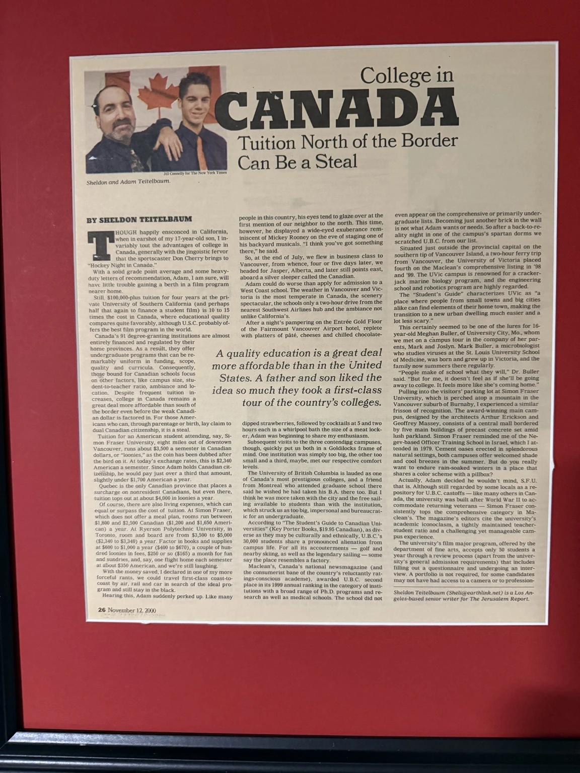 Framed New York Times page of College in Canada by Sheldon Teitelbaum