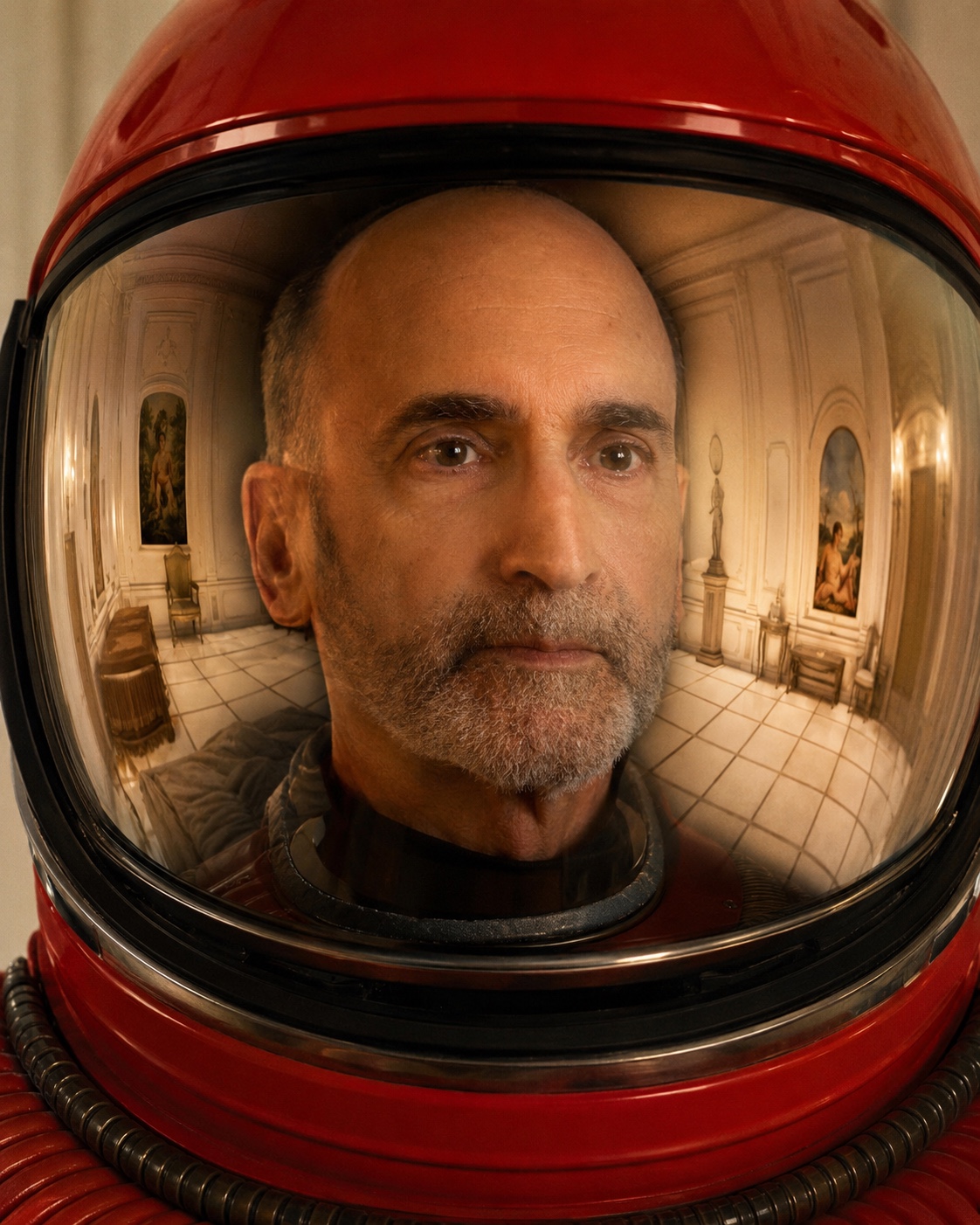 Sheldon Teitelbaum in a red helmet with a room reflected in the visor